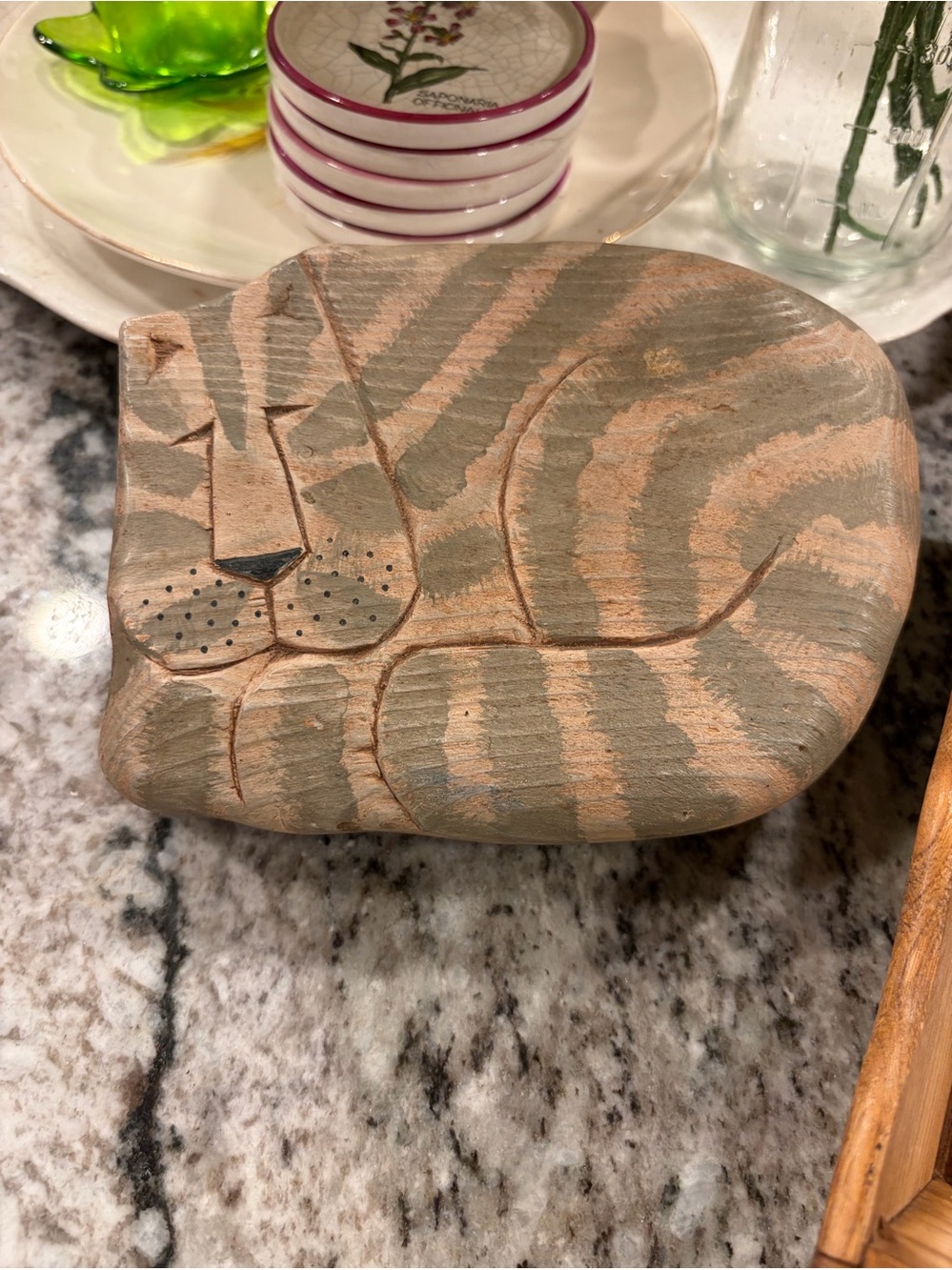 Hand-Carved Wooden Sleeping Cat Trinket Dish in Brown & Gray